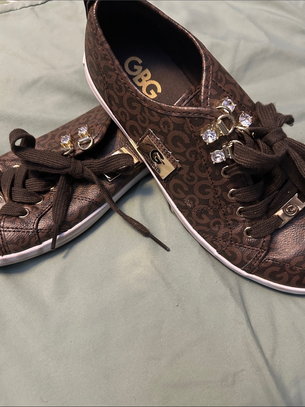 G by Guess Brown Logo Crystal-Accent Lace-Up Sneakers